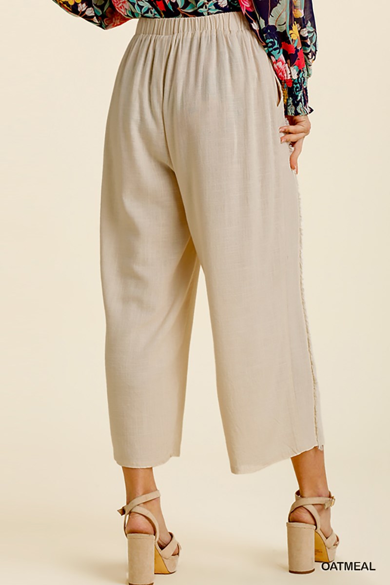 Umgee Linen Blend Elastic Waistband Frayed Edged Wide Leg Pants