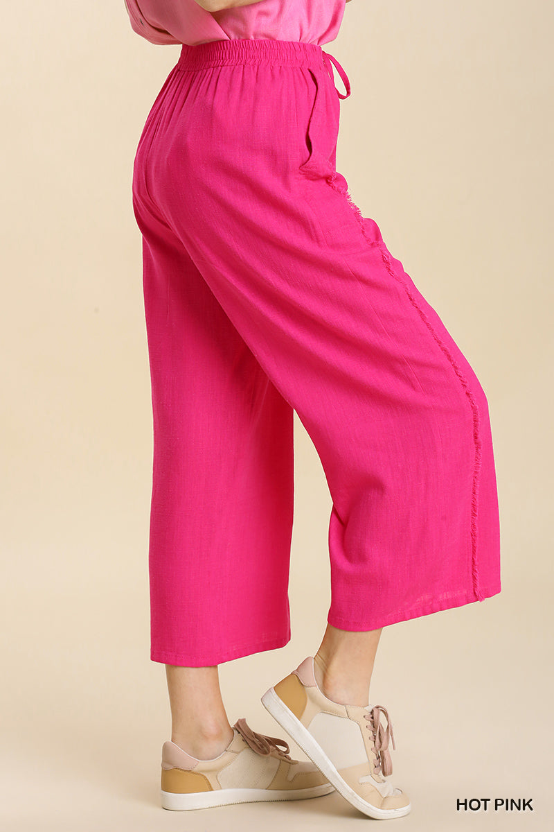Umgee Linen Blend Elastic Waistband Frayed Edged Wide Leg Pants