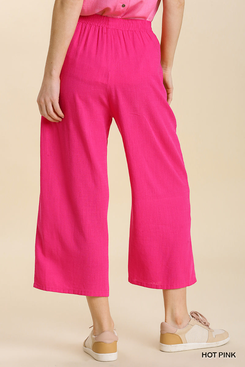 Umgee Linen Blend Elastic Waistband Frayed Edged Wide Leg Pants