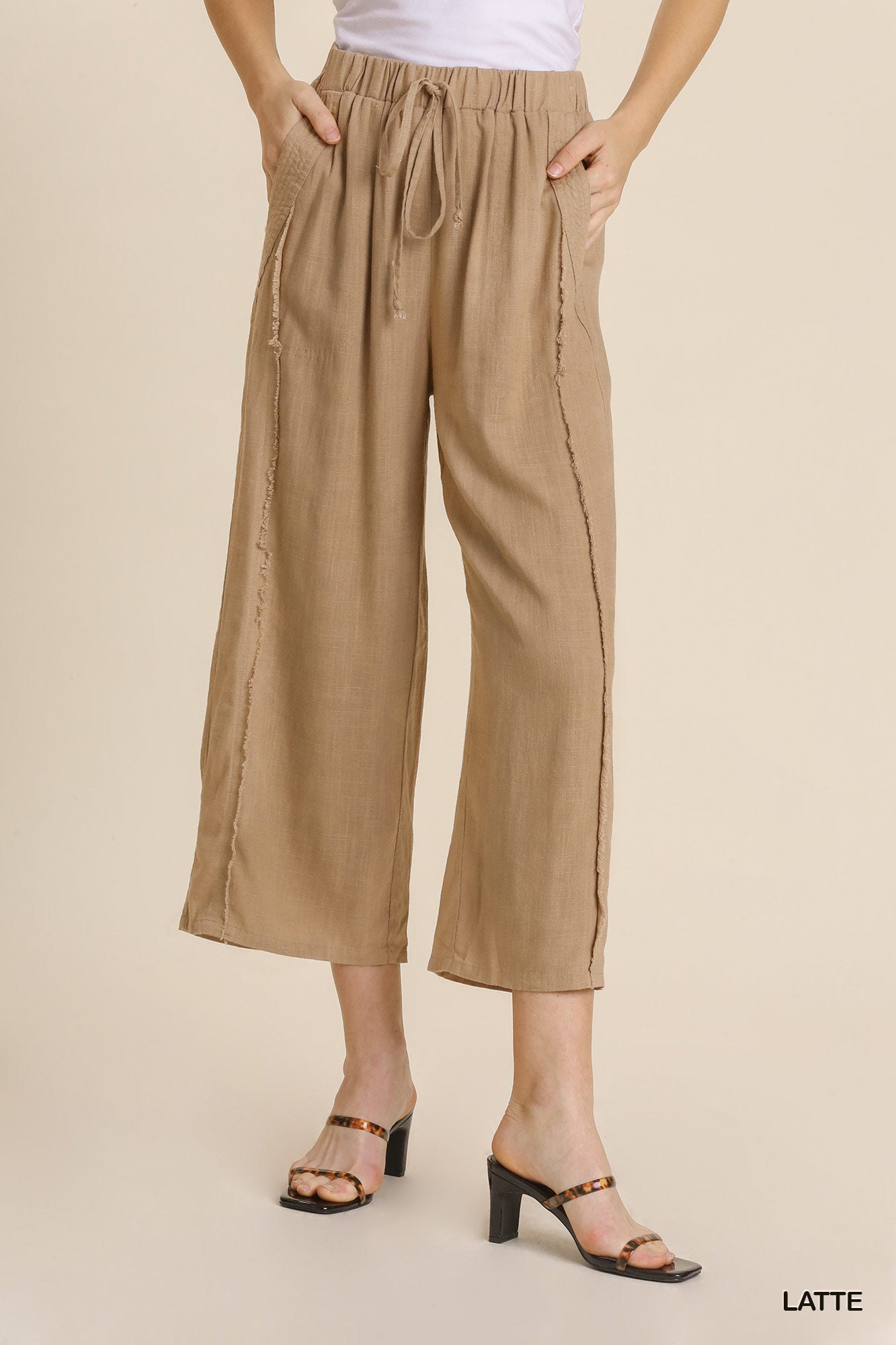 Umgee Linen Blend Elastic Waistband Frayed Edged Wide Leg Pants