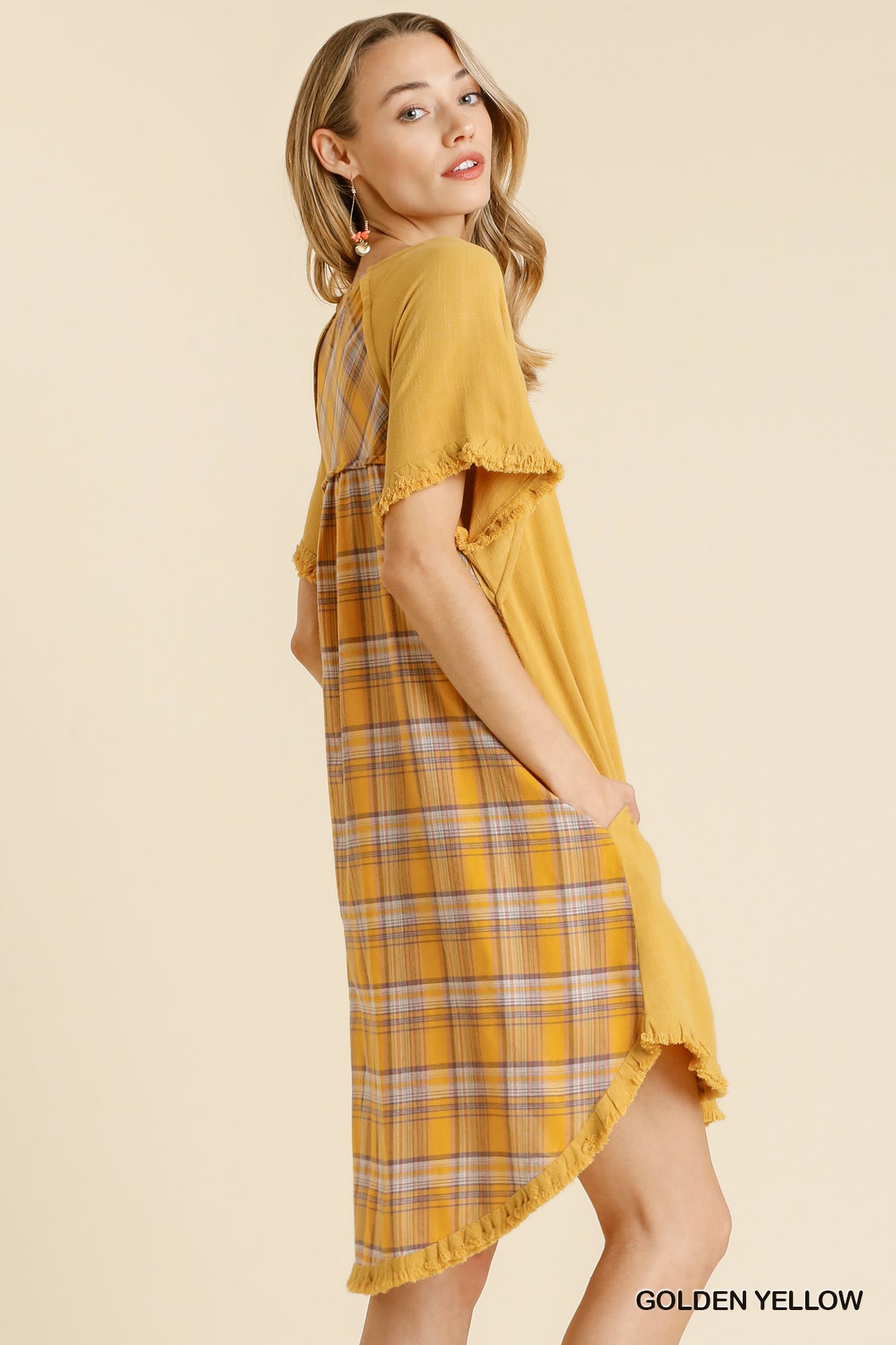 Umgee Golden Yellow Plaid Round Neck Short Sleeve Fringed Round High Low Dress - Roulhac Fashion Boutique