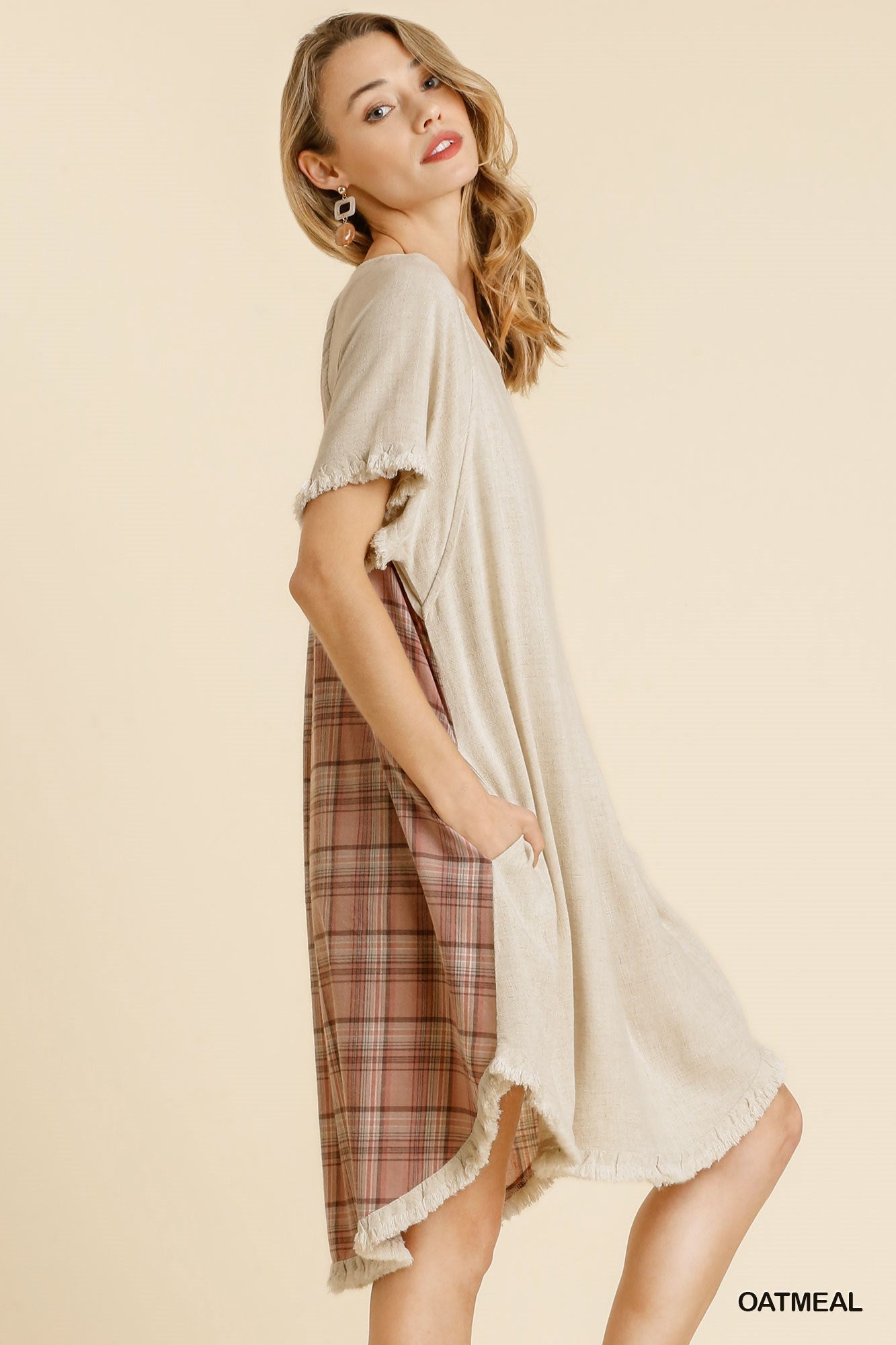 Umgee Golden Yellow Plaid Round Neck Short Sleeve Fringed Round High Low Dress - Roulhac Fashion Boutique