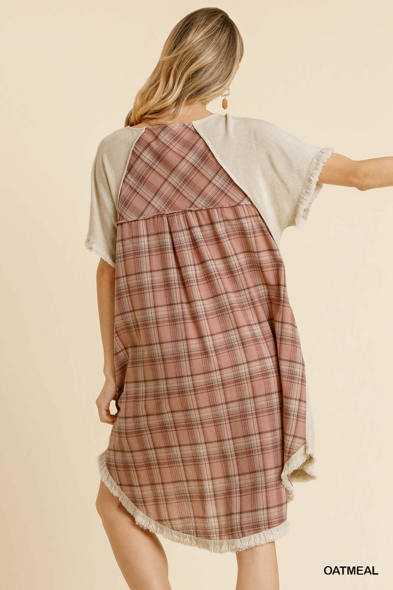 Umgee Golden Yellow Plaid Round Neck Short Sleeve Fringed Round High Low Dress - Roulhac Fashion Boutique