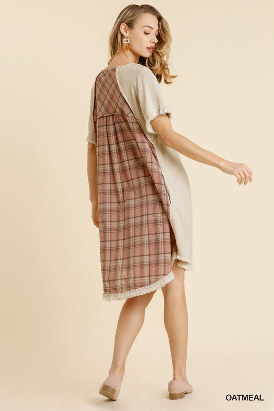 Umgee Golden Yellow Plaid Round Neck Short Sleeve Fringed Round High Low Dress - Roulhac Fashion Boutique