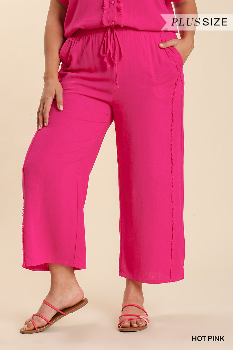 Umgee Plus Linen Blend Frayed Edged Wide Leg Pants