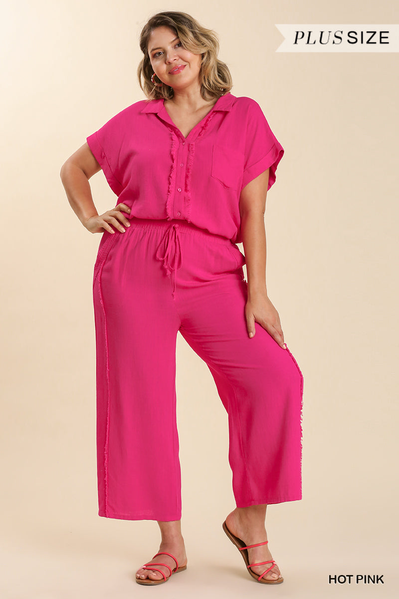 Umgee Plus Linen Blend Frayed Edged Wide Leg Pants