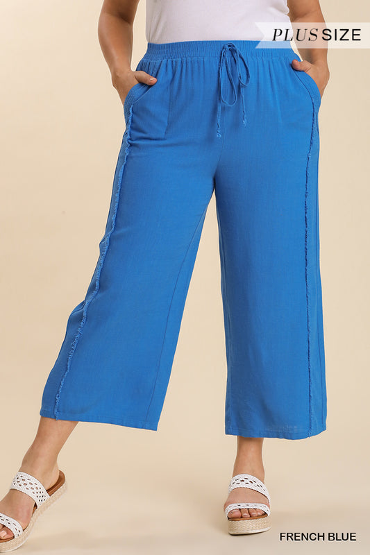Umgee Plus Linen Blend Frayed Edged Wide Leg Pants