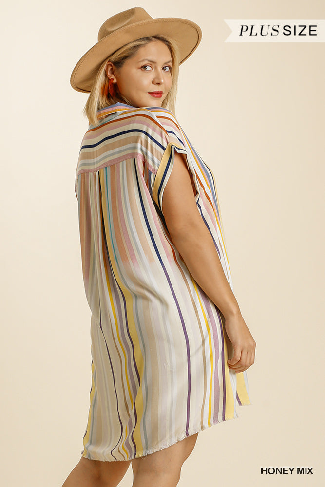 Umgee Plus Bleached Striped Short Sleeve Collared Button Down Shirt Dress