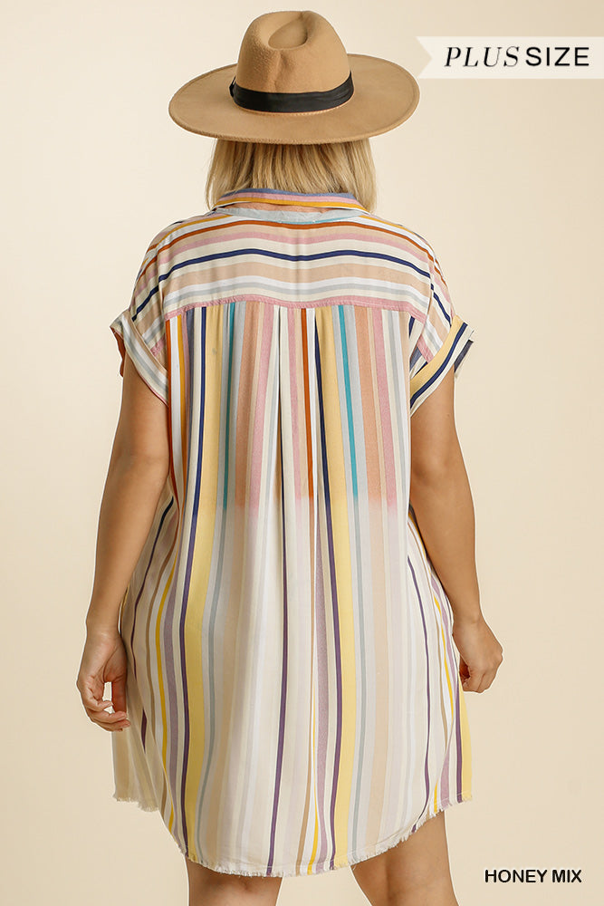 Umgee Plus Bleached Striped Short Sleeve Collared Button Down Shirt Dress
