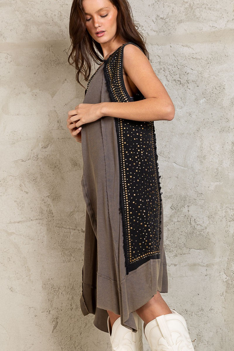 POL Open Front Embellished Studs Sleeveless Tunic Top