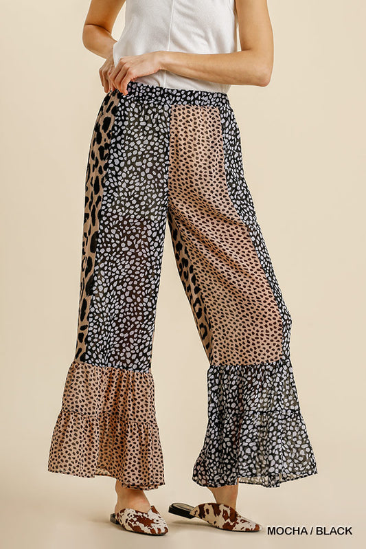 Umgee Animal Mixed Print Elastic Waistband Wide Leg Ruffle Hem Pants