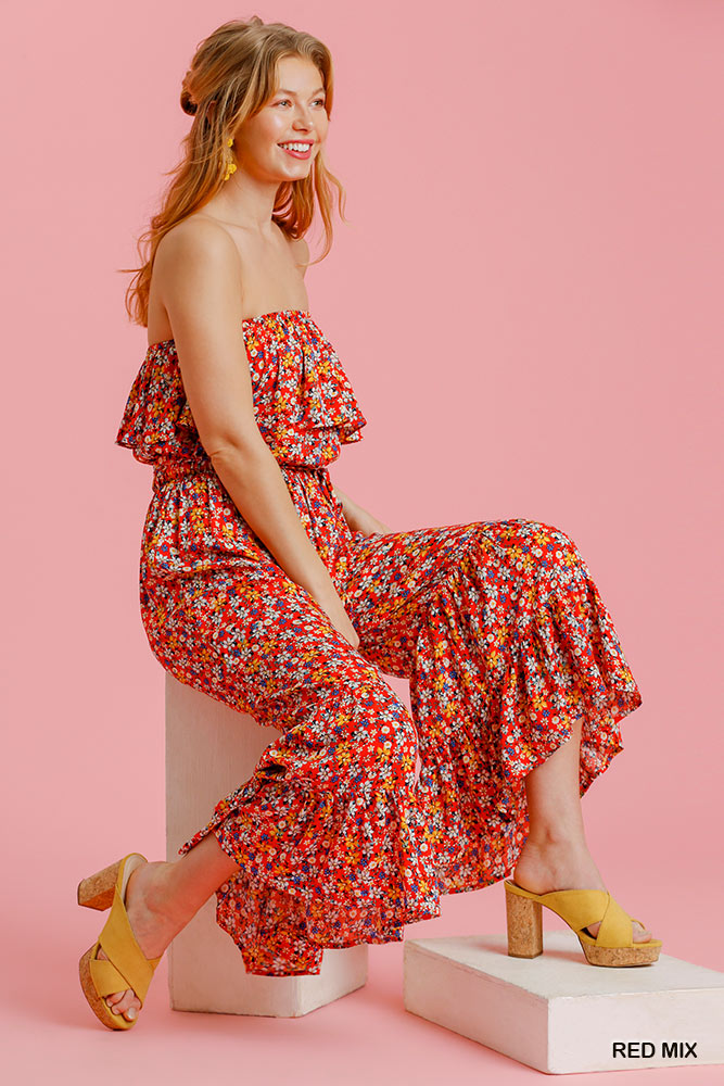 Umgee Floral Print Strapless Ruffle Wide Leg Waist Tie Pants