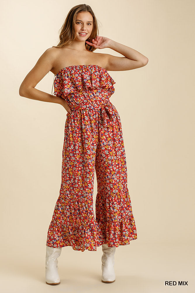 Umgee Floral Print Strapless Ruffle Wide Leg Waist Tie Pants