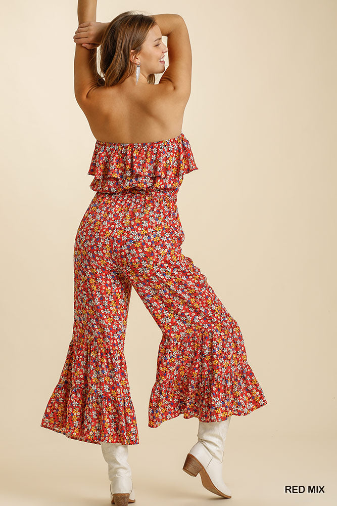 Umgee Floral Print Strapless Ruffle Wide Leg Waist Tie Pants