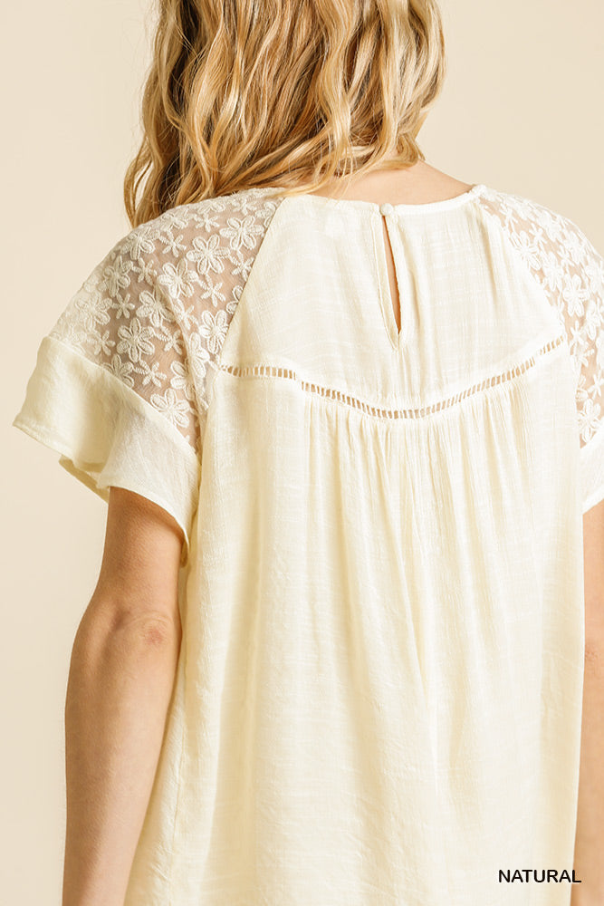 Umgee Floral Lace Yoke Short Sleeve Round Neck Keyhole Ruffle Hem Dress - Roulhac Fashion Boutique