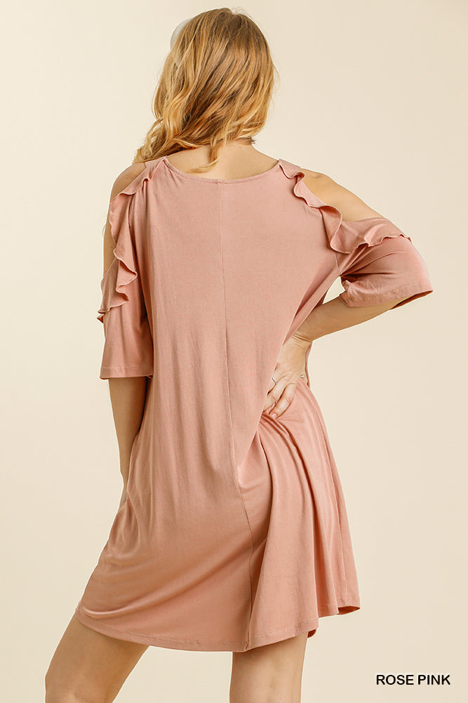 Umgee Goldenrod Cold Shoulder Ruffle Trimmed Detail Half Sleeve No Lining Dress - Roulhac Fashion Boutique