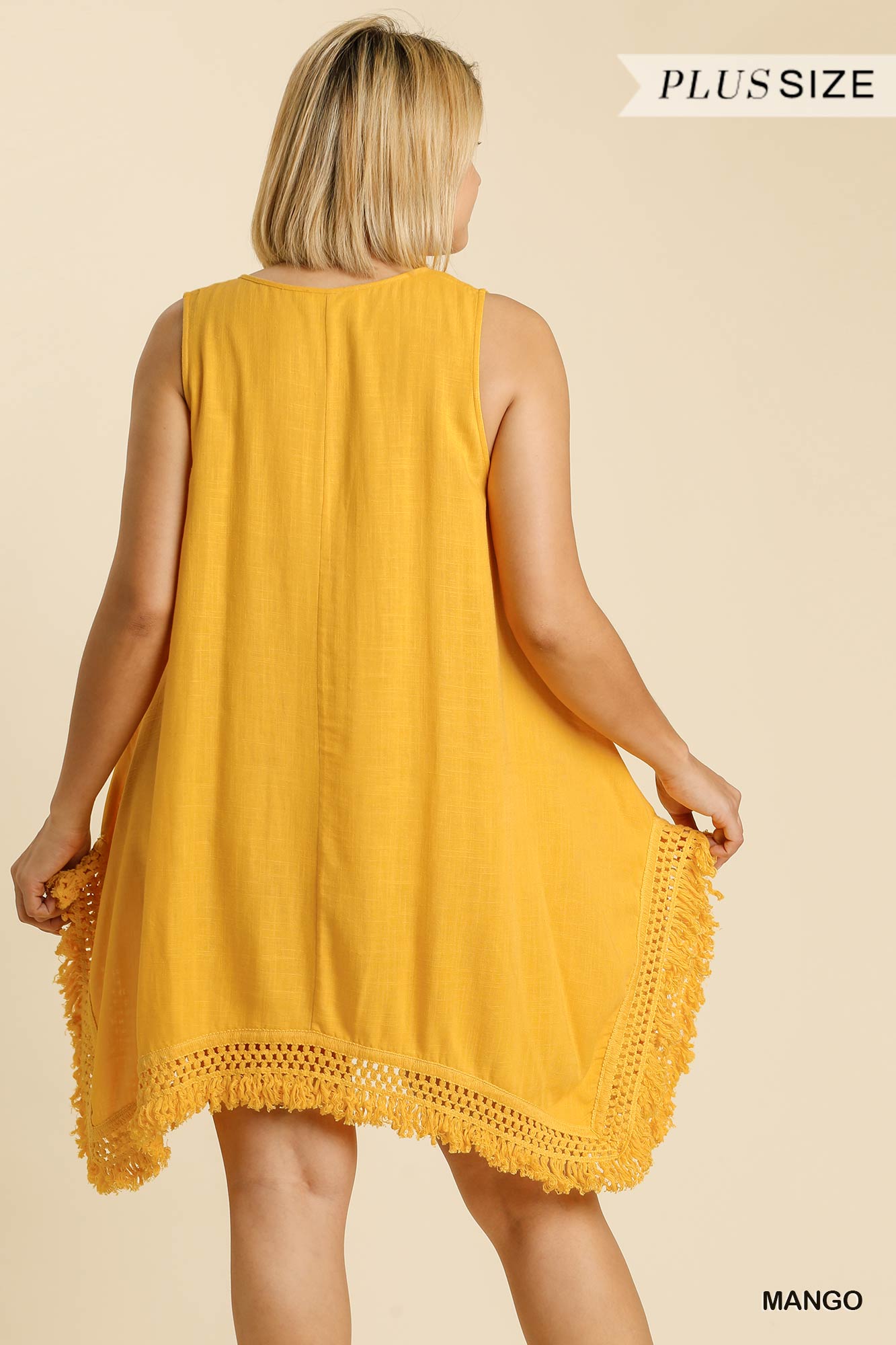 Umgee Plus Linen Blend V-Neck Crochet Detail Sleeveless Frayed Sharkbite Hem Dress