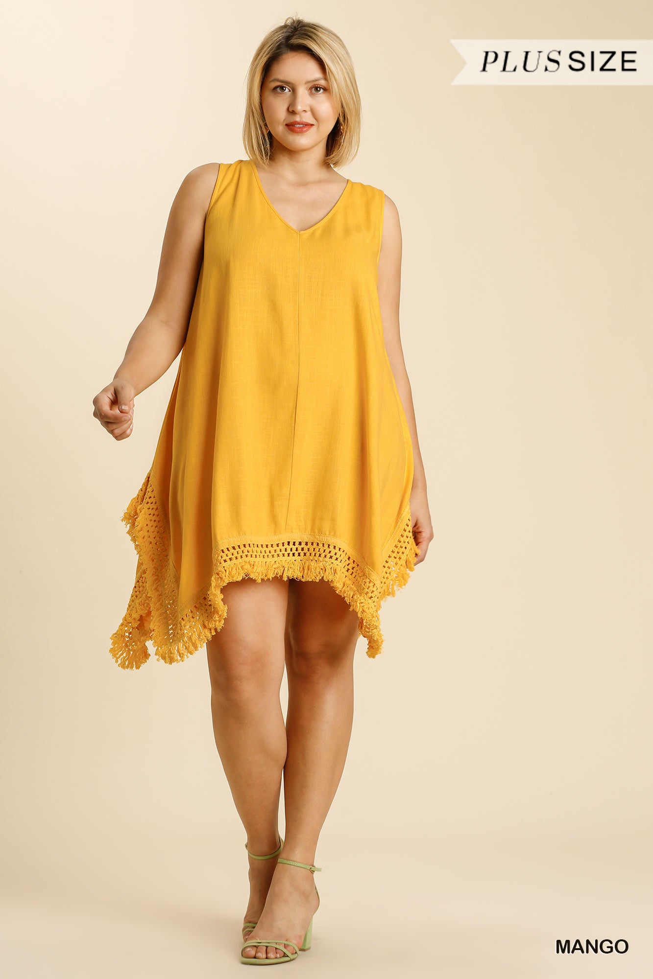 Umgee Plus Linen Blend V-Neck Crochet Detail Sleeveless Frayed Sharkbite Hem Dress