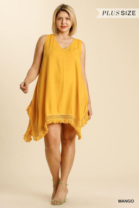 Umgee Plus Linen Blend V-Neck Crochet Detail Sleeveless Frayed Sharkbite Hem Dress