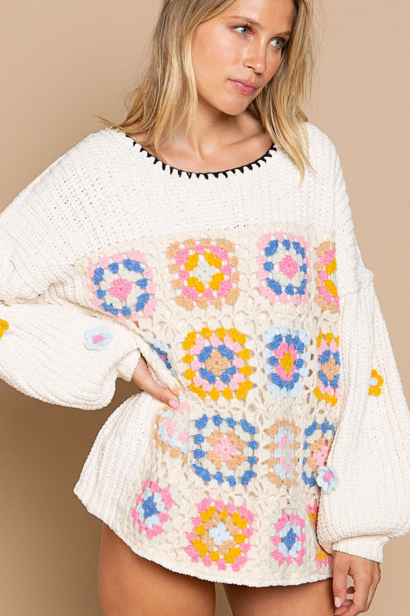 POL Hand Knit Squares Color Block Round Neck Sweater Top