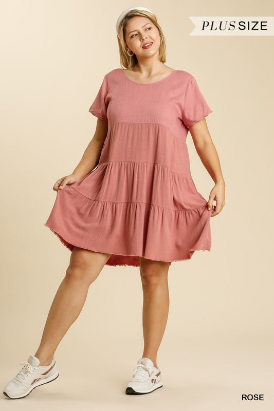 Umgee Plus Linen Blend Short Sleeved Rolled Sleeves Back Tie Dress