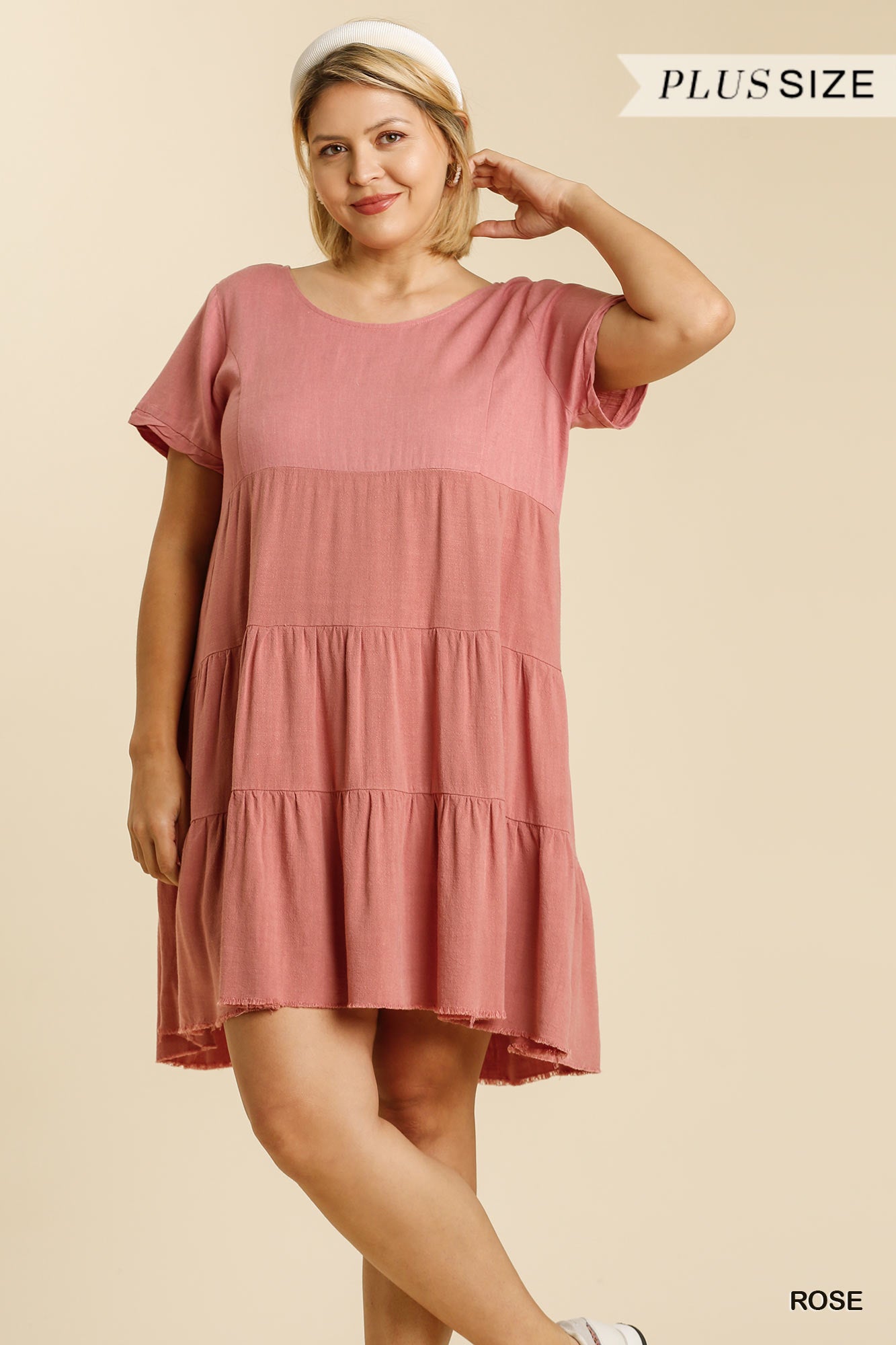 Umgee Plus Linen Blend Short Sleeved Rolled Sleeves Back Tie Dress