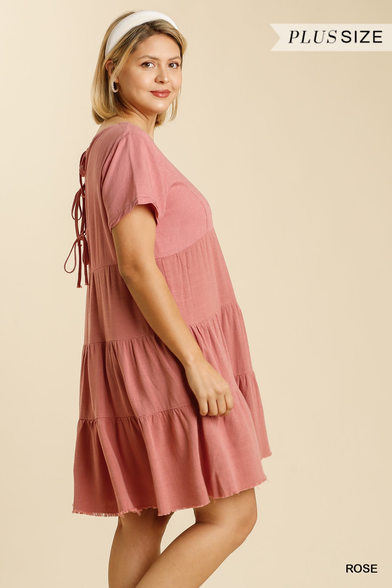 Umgee Plus Linen Blend Short Sleeved Rolled Sleeves Back Tie Dress