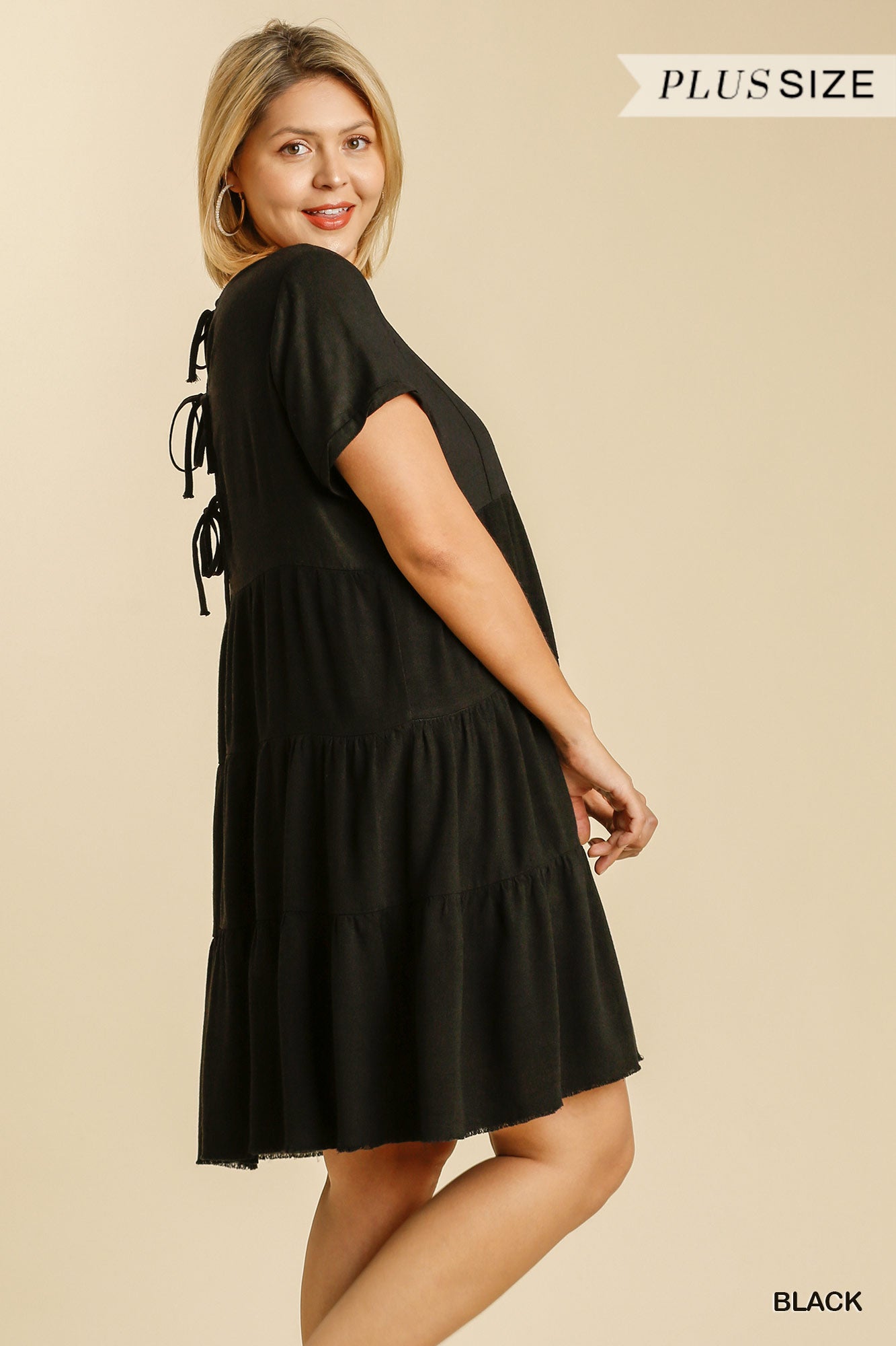 Umgee Plus Linen Blend Short Sleeved Rolled Sleeves Back Tie Dress