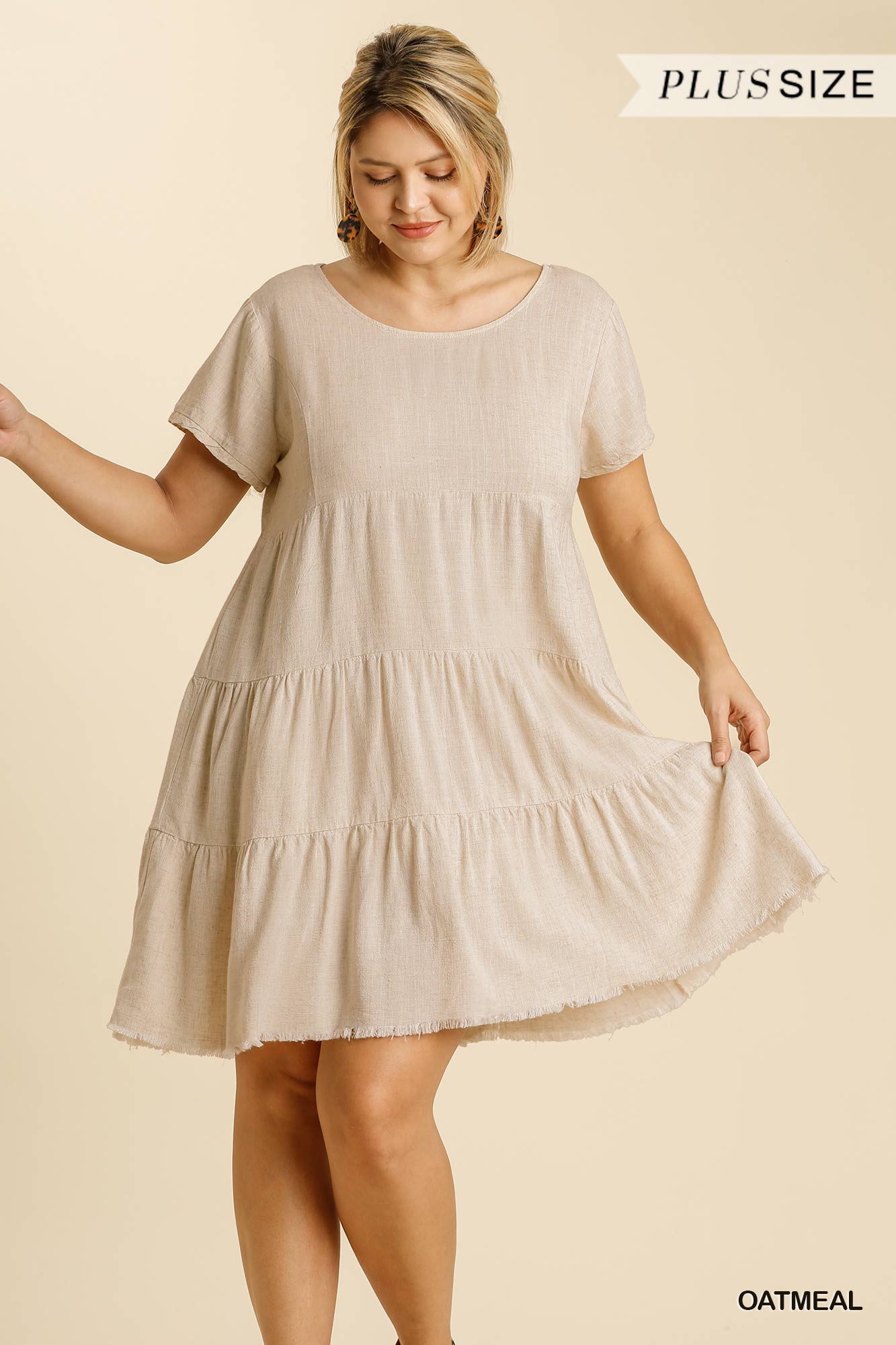 Umgee Plus Linen Blend Short Sleeved Rolled Sleeves Back Tie Dress