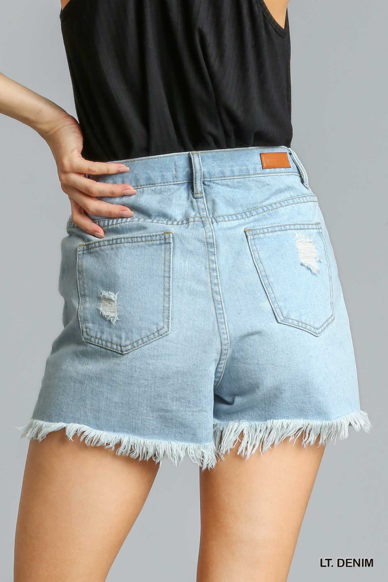 Umgee Linen Blend Crochet Elastic Waistband Frayed Hem Shorts