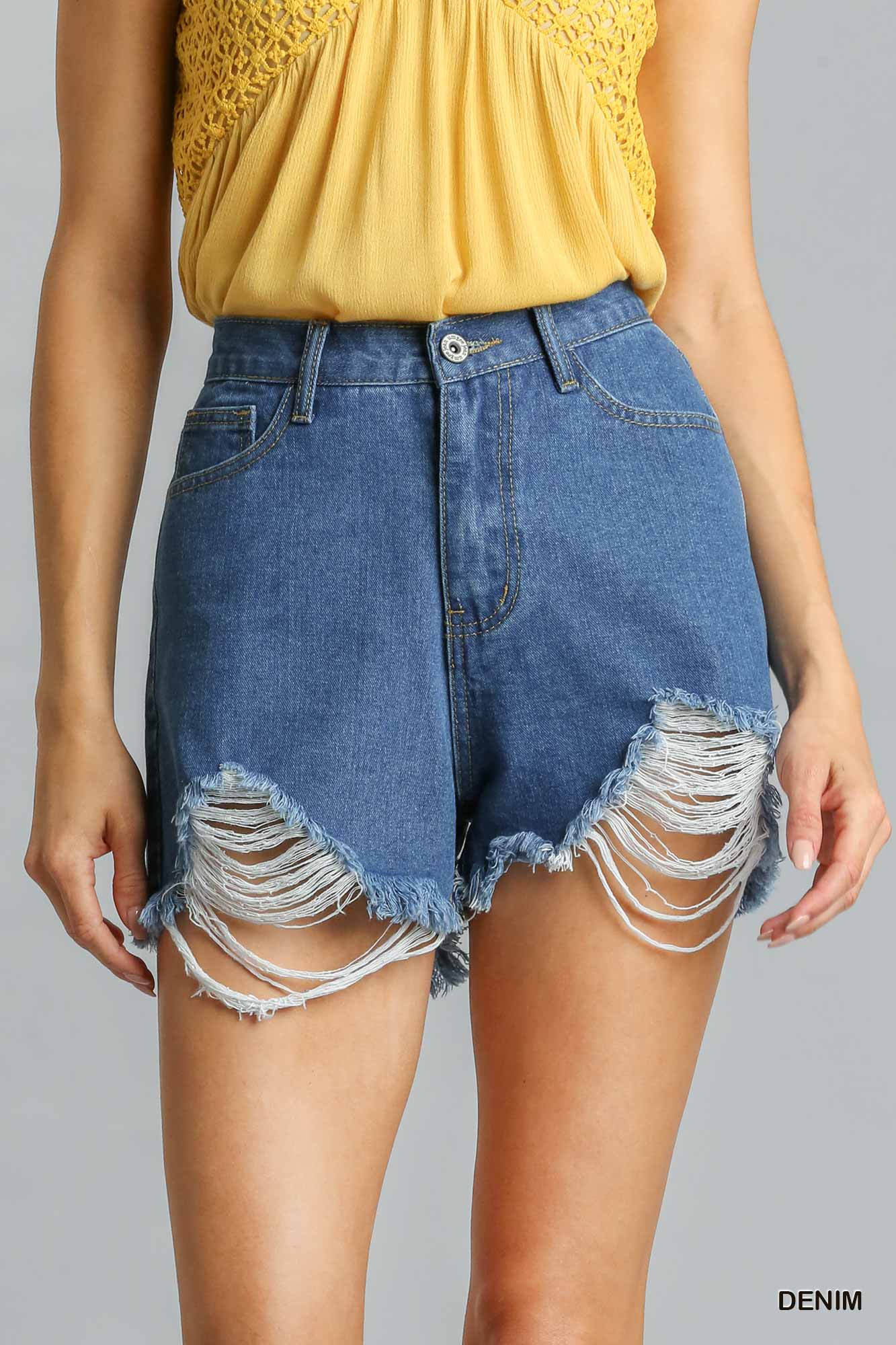 Umgee Linen Blend Crochet Elastic Waistband Frayed Hem Shorts