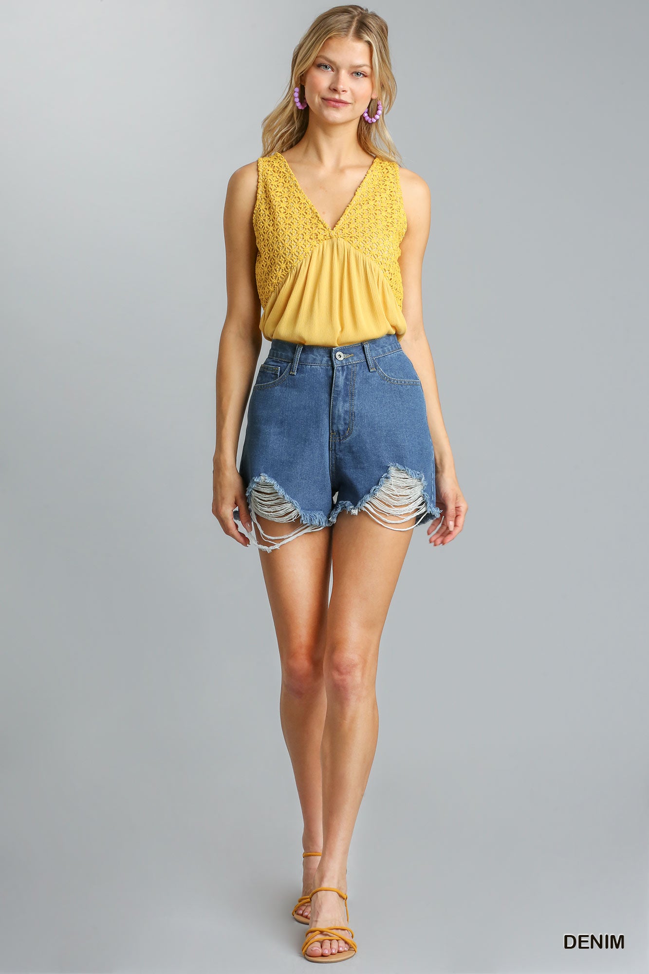 Umgee Linen Blend Crochet Elastic Waistband Frayed Hem Shorts