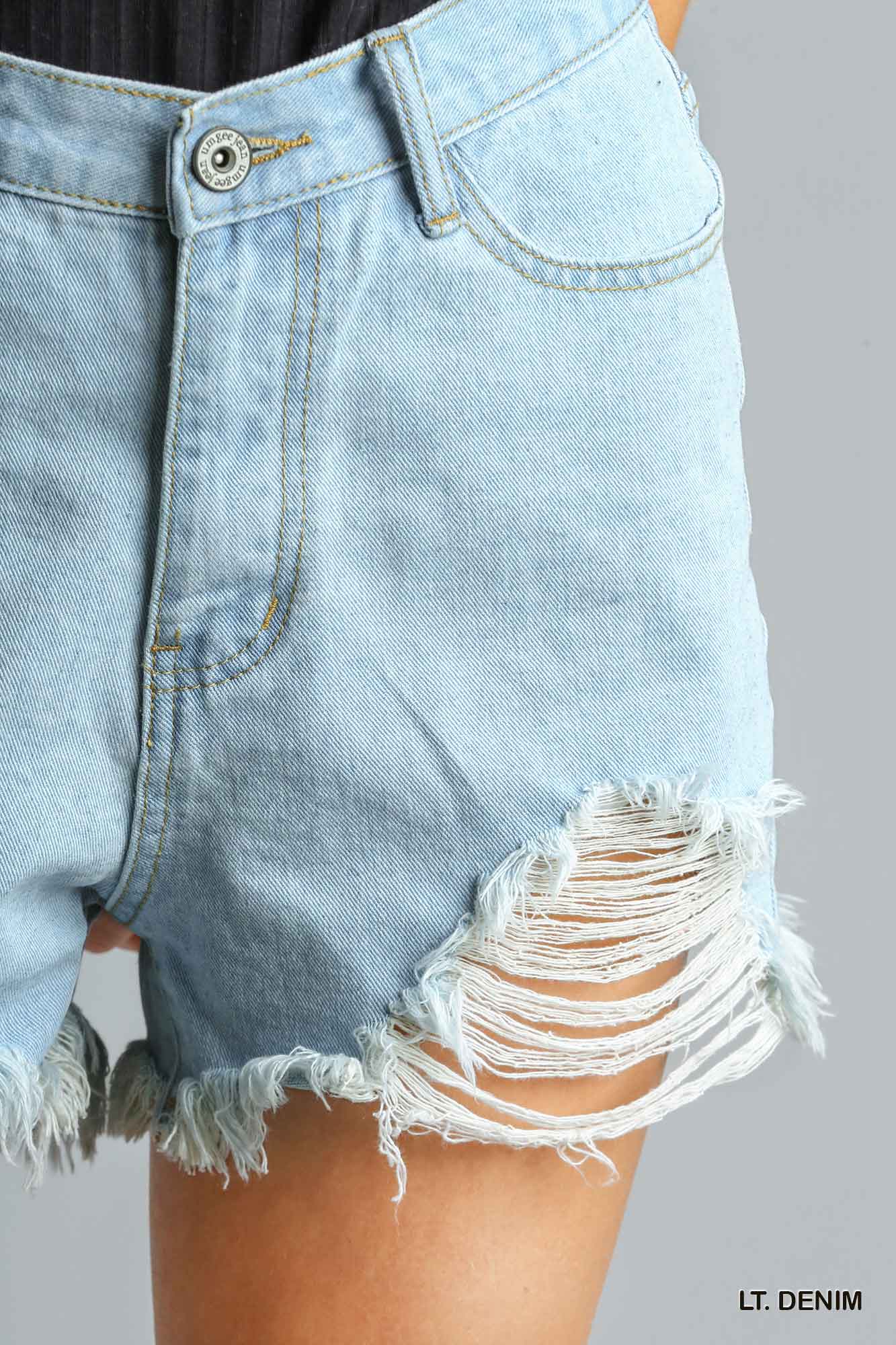 Umgee Linen Blend Crochet Elastic Waistband Frayed Hem Shorts