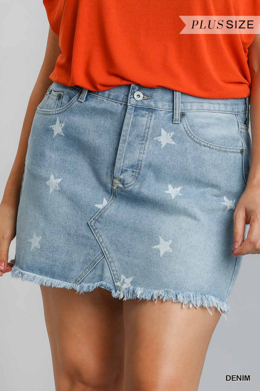 Umgee Plus Star Print 5 Pocket Non-Stretch Denim Skirt