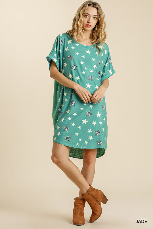 Umgee Linen Blend Animal Star Print Round Neck Short Folded Shift Dress - Roulhac Fashion Boutique