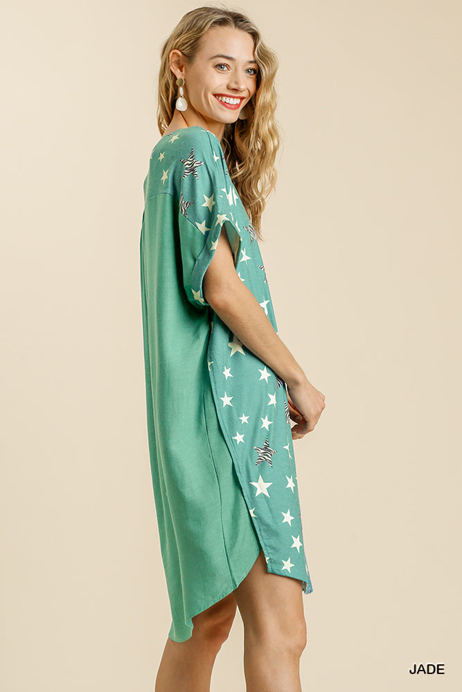 Umgee Linen Blend Animal Star Print Round Neck Short Folded Shift Dress - Roulhac Fashion Boutique
