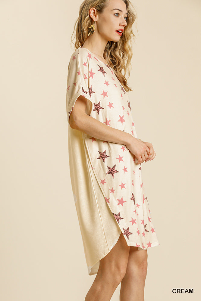 Umgee Linen Blend Animal Star Print Round Neck Short Folded Shift Dress - Roulhac Fashion Boutique