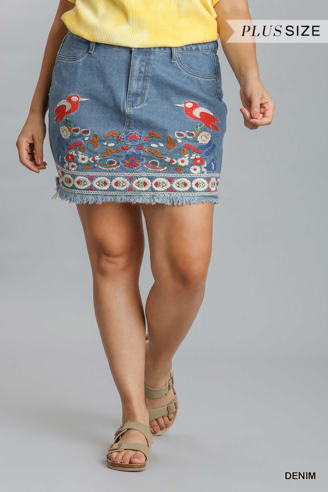 Umgee Plus Embroidered Detail High Rise Non Stretch Denim Skirt