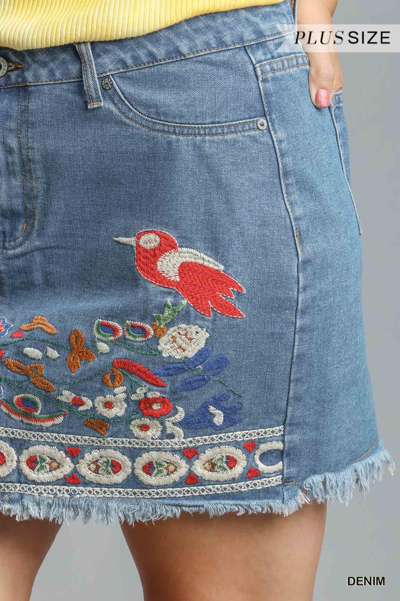 Umgee Plus Embroidered Detail High Rise Non Stretch Denim Skirt