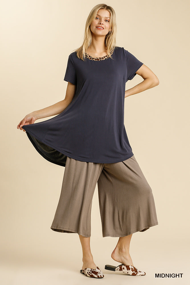 Umgee Animal Print Round Neck Short Sleeve High Low Hem Tunic Dress - Roulhac Fashion Boutique