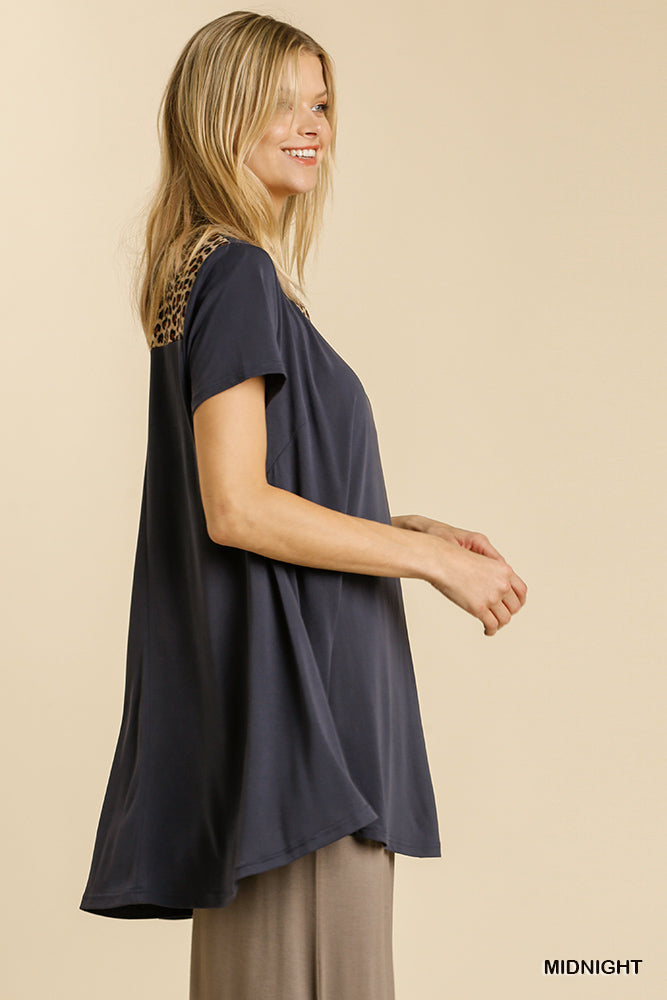 Umgee Animal Print Round Neck Short Sleeve High Low Hem Tunic Dress - Roulhac Fashion Boutique