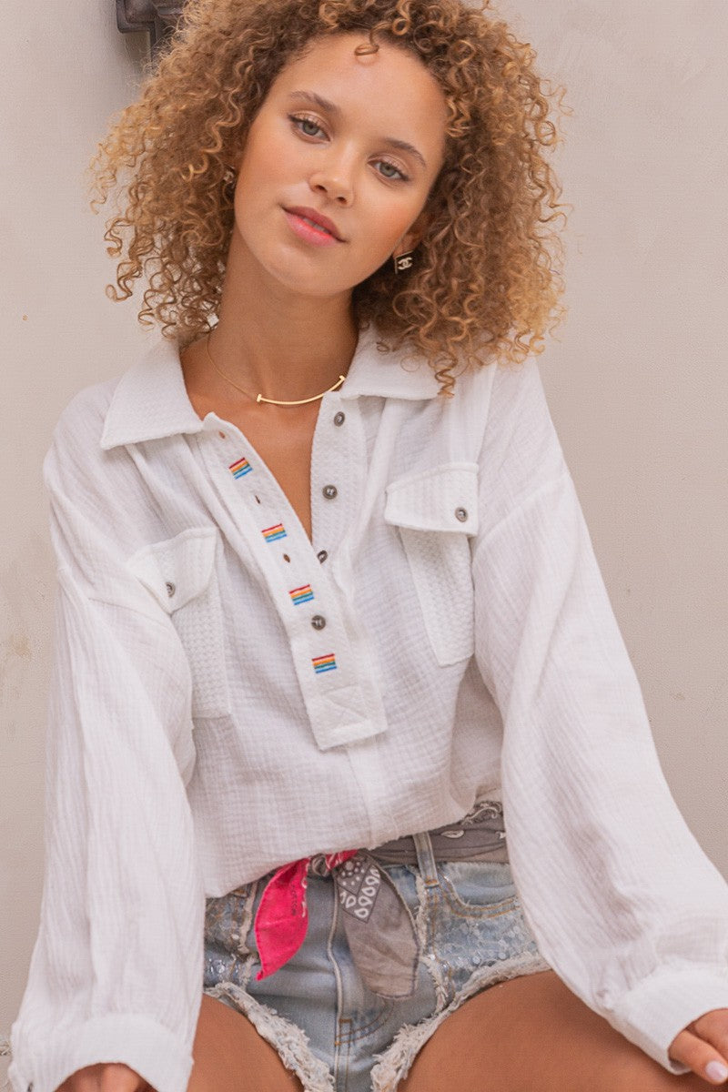 POL Color Stitch Relaxed Fit Front Pocket Long Sleeve Top - Roulhac Fashion Boutique