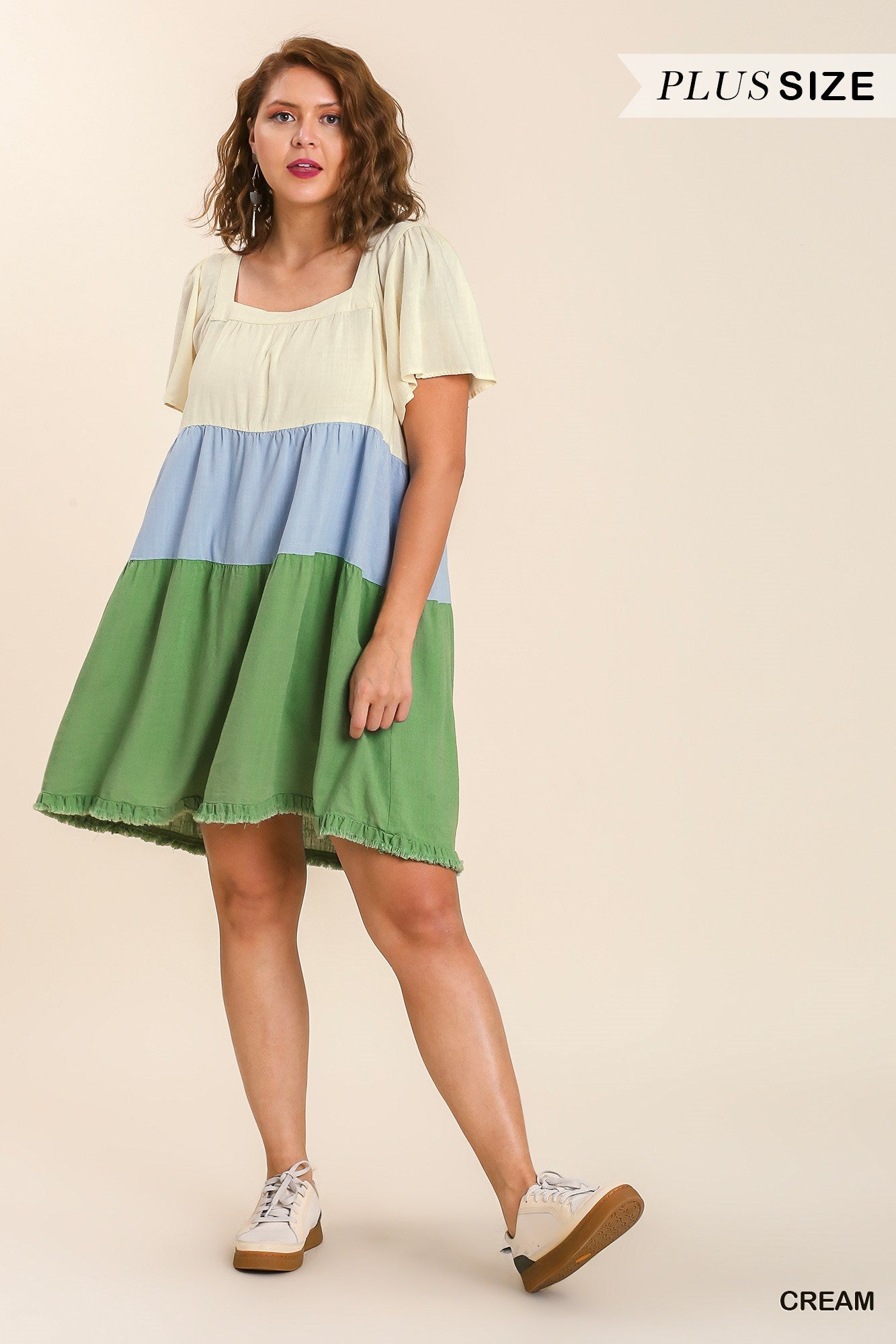 Umgee Plus Linen Blend Colorblock Square Neck Frayed Hem Dress