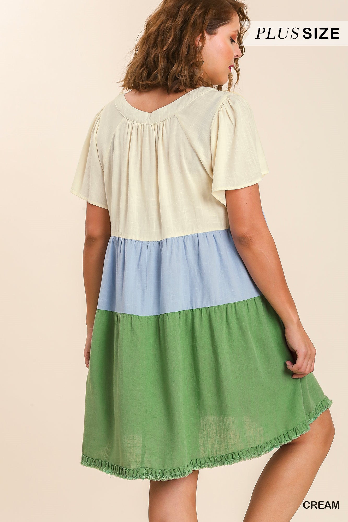 Umgee Plus Linen Blend Colorblock Square Neck Frayed Hem Dress