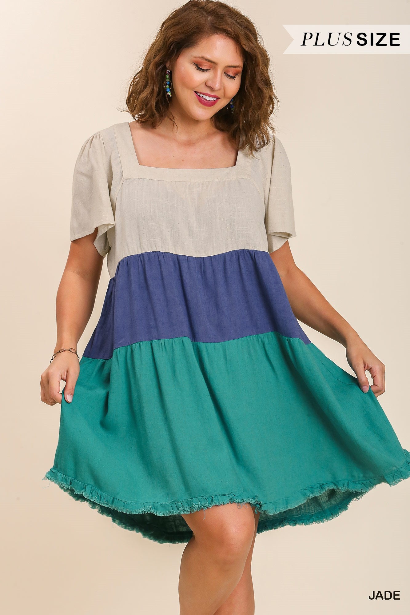 Umgee Plus Linen Blend Colorblock Square Neck Frayed Hem Dress