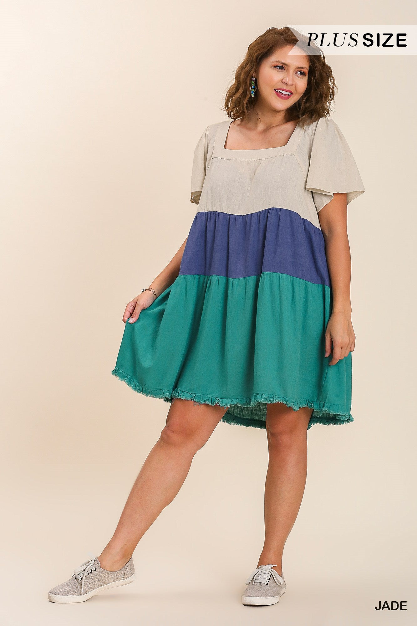Umgee Plus Linen Blend Colorblock Square Neck Frayed Hem Dress