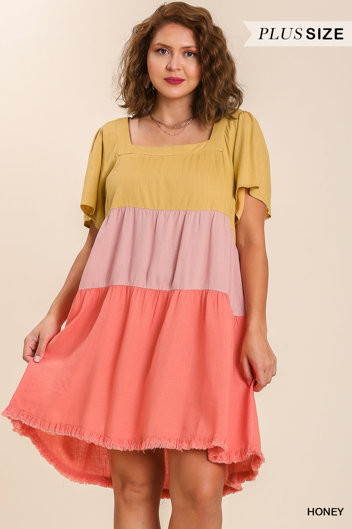 Umgee Plus Linen Blend Colorblock Square Neck Frayed Hem Dress