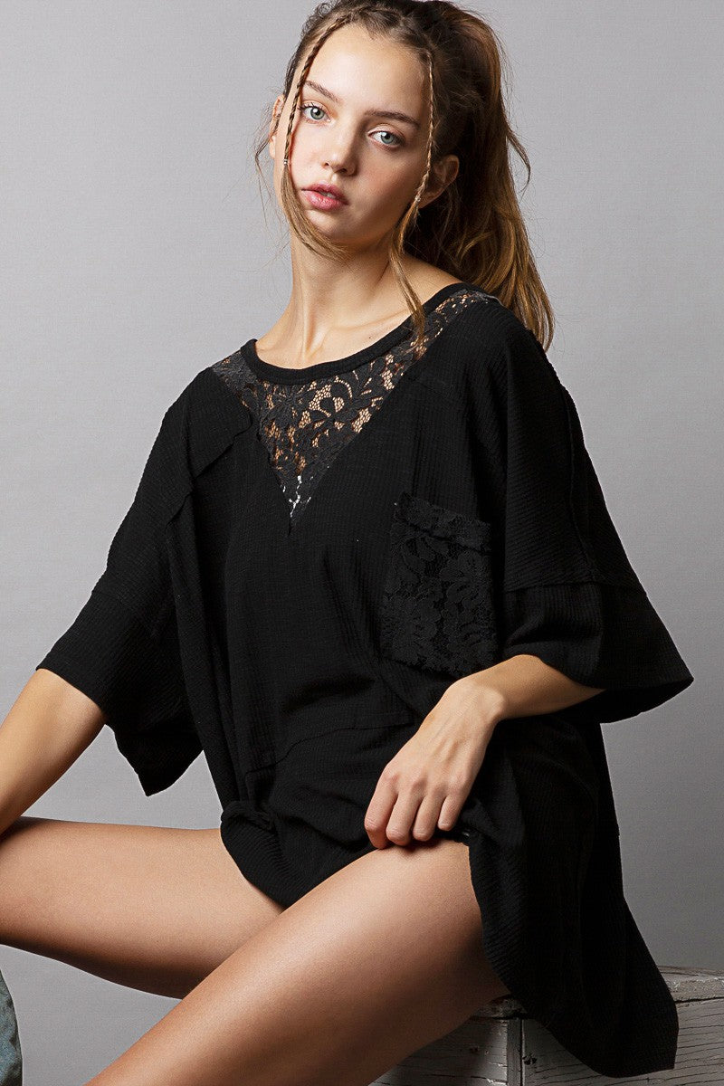 POL Round Neck Short Sleeve Lace Patches Solid Top