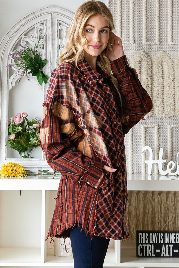 Oli & Hali Bleeched Flower Plaid Button Front Jacket