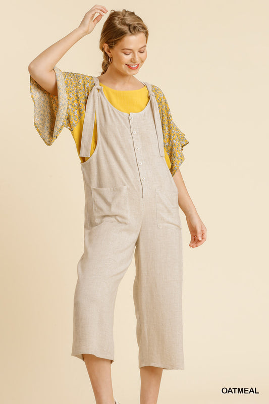 Umgee Linen Blend Adjustable Strap Button Front Jumpsuit